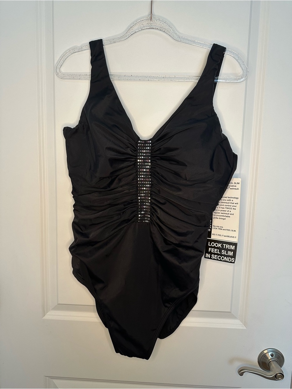 NWT! Trimshaper by Longitude Black One-Piece Swimsuit with Center Bling